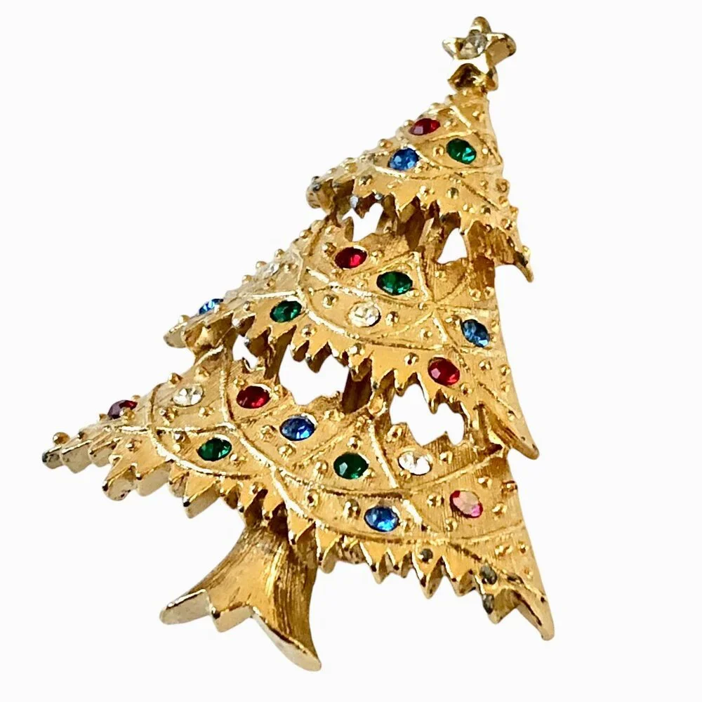 Eisenberg Ice Vintage Christmas Tree Pin Brooch Multi-Color Rhinestones Signed